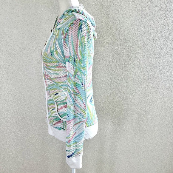 Lilly Pulitzer Sz X-Small Mesh Zip Up Hoodie Jacket White Green Pink Stripes - Picture 9 of 14